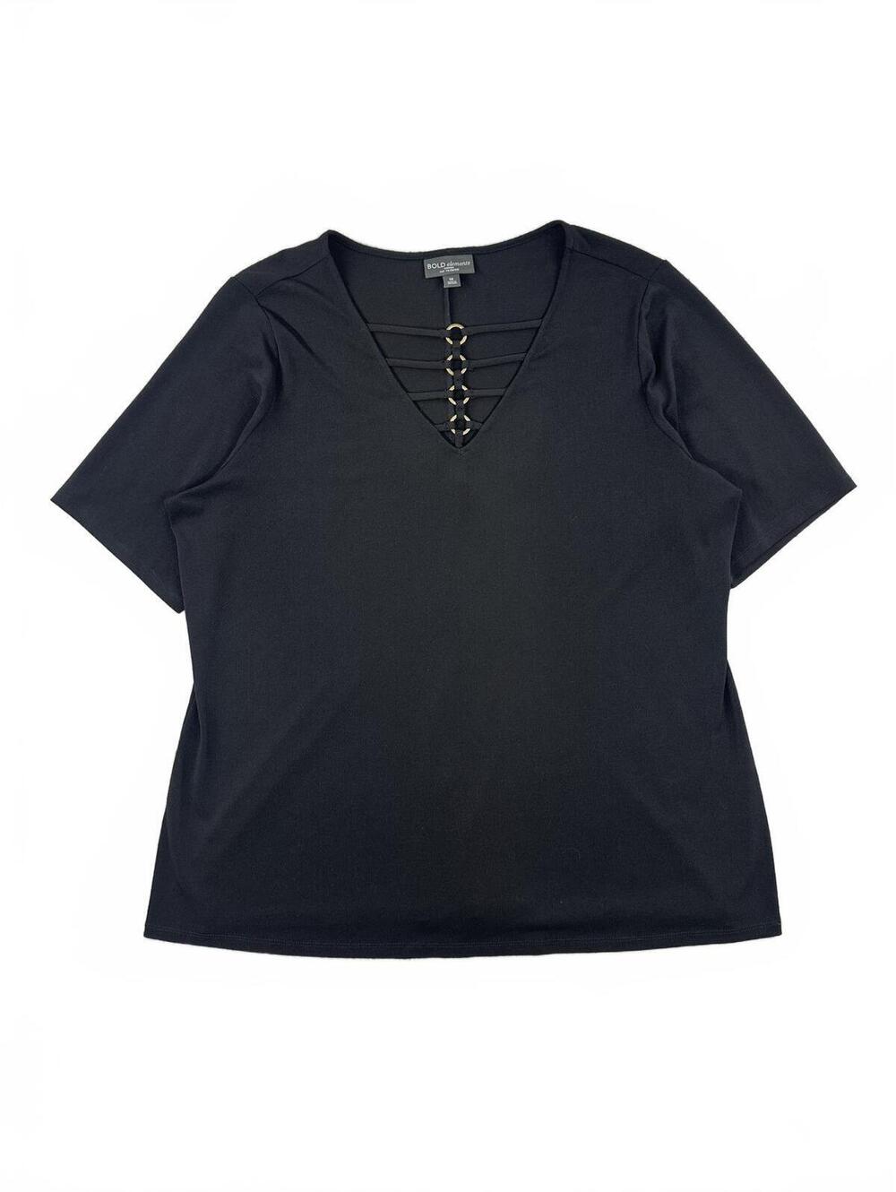 Bold Elements Black Cut to Curve V Neck Top with Strap and Ring Detail - Picture 2 of 8